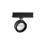 Introducing the Helionis LED Track Round Spotlight 22W 3000K in black, this modern fixture boasts a sleek adjustable head set on a rectangular base with visible wiring, combining minimalist style with energy efficiency ideal for indoor applications.