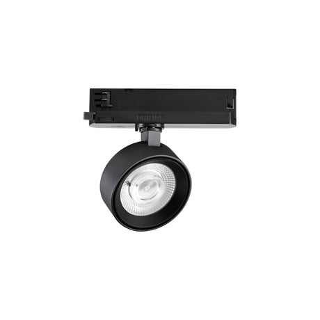 Introducing the Helionis LED Track Round Spotlight 22W 3000K in black, this modern fixture boasts a sleek adjustable head set on a rectangular base with visible wiring, combining minimalist style with energy efficiency ideal for indoor applications.