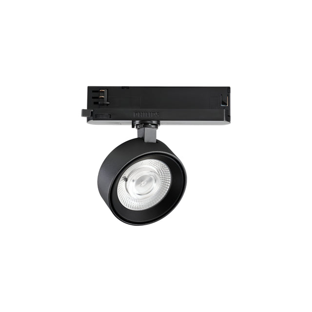 Introducing the Helionis LED Track Round Spotlight 22W 3000K in black, this modern fixture boasts a sleek adjustable head set on a rectangular base with visible wiring, combining minimalist style with energy efficiency ideal for indoor applications.