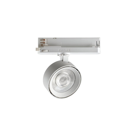 The Helionis LED Track Round Spotlight 22W 3000K in white showcases a circular, adjustable lamp head paired with a rectangular mounting base. This fixture provides energy-efficient lighting and features a sleek, modern design against its plain white backdrop.