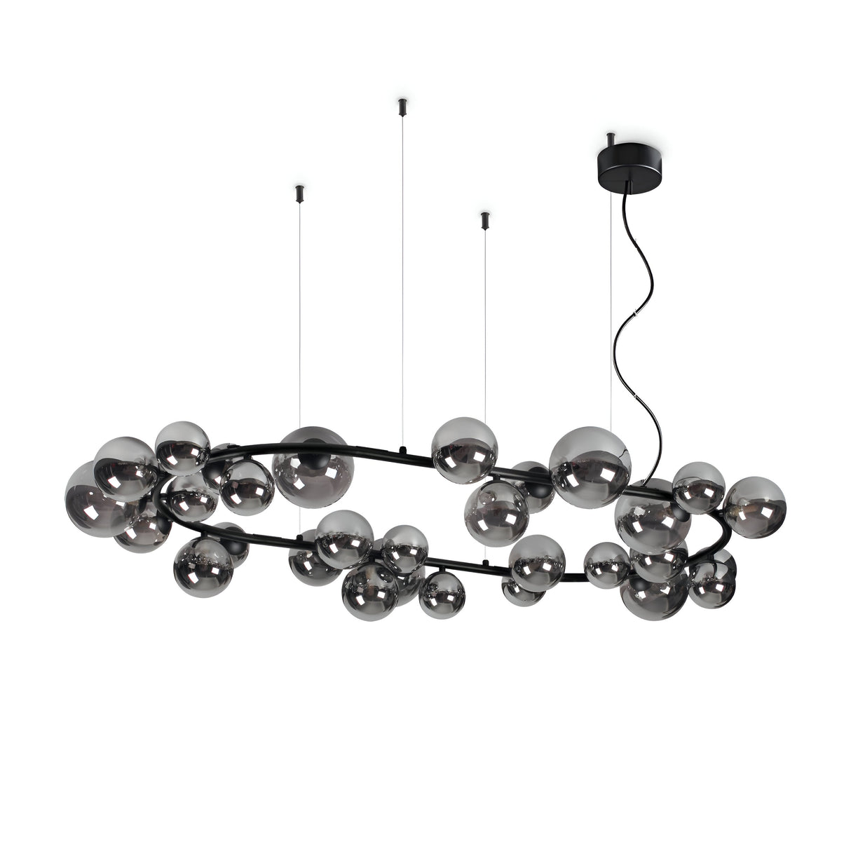 Introducing the Solana 30 Suspension Light - Black, a modern chandelier showcasing blown glass diffusers. The spherical orbs are gracefully positioned along curved metal arms with a matte black finish, creating a contemporary and artistic lighting fixture suspended from your ceiling.