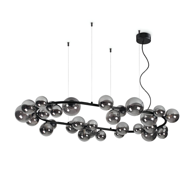 Introducing the Solana 30 Suspension Light - Black, a modern chandelier showcasing blown glass diffusers. The spherical orbs are gracefully positioned along curved metal arms with a matte black finish, creating a contemporary and artistic lighting fixture suspended from your ceiling.