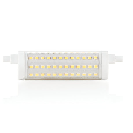 The 14W R7s Dimmable SMD LED Bulb - 4000K features a cylindrical design with two rows of small yellow LED chips protected by a clear cover. Utilizing SMD technology, it delivers a neutral white light at 4000K. The bulb has a white base with connectors on each end and is shown horizontally against a plain white background.