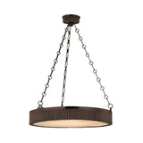 The Heliora LED Chain-Suspended Disc Alabaster Chandelier in Matte Black hangs from the ceiling by three chains, featuring a ribbed edge and an alabaster diffuser that softly covers the bulb underneath.