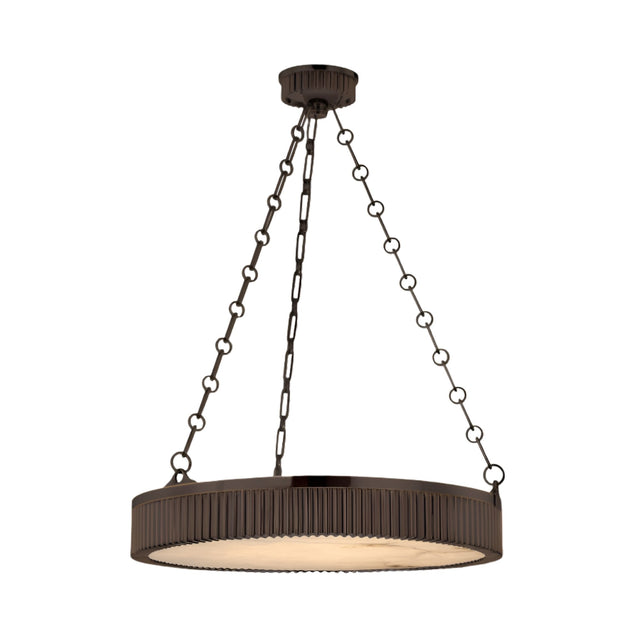 The Heliora LED Chain-Suspended Disc Alabaster Chandelier in Matte Black hangs from the ceiling by three chains, featuring a ribbed edge and an alabaster diffuser that softly covers the bulb underneath.