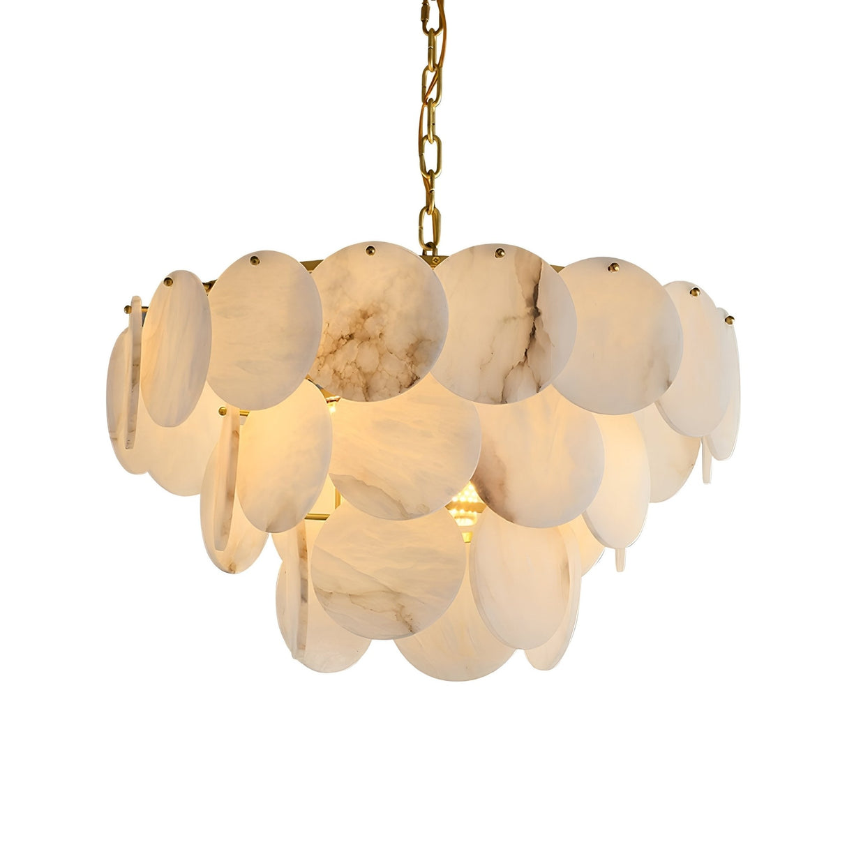 The Solyra 15 Light 3 Tier Petal Alabaster Chandelier in Soft White features cascading, layered alabaster petal discs suspended on a gold chain, creating an elegant and refined lighting centerpiece.