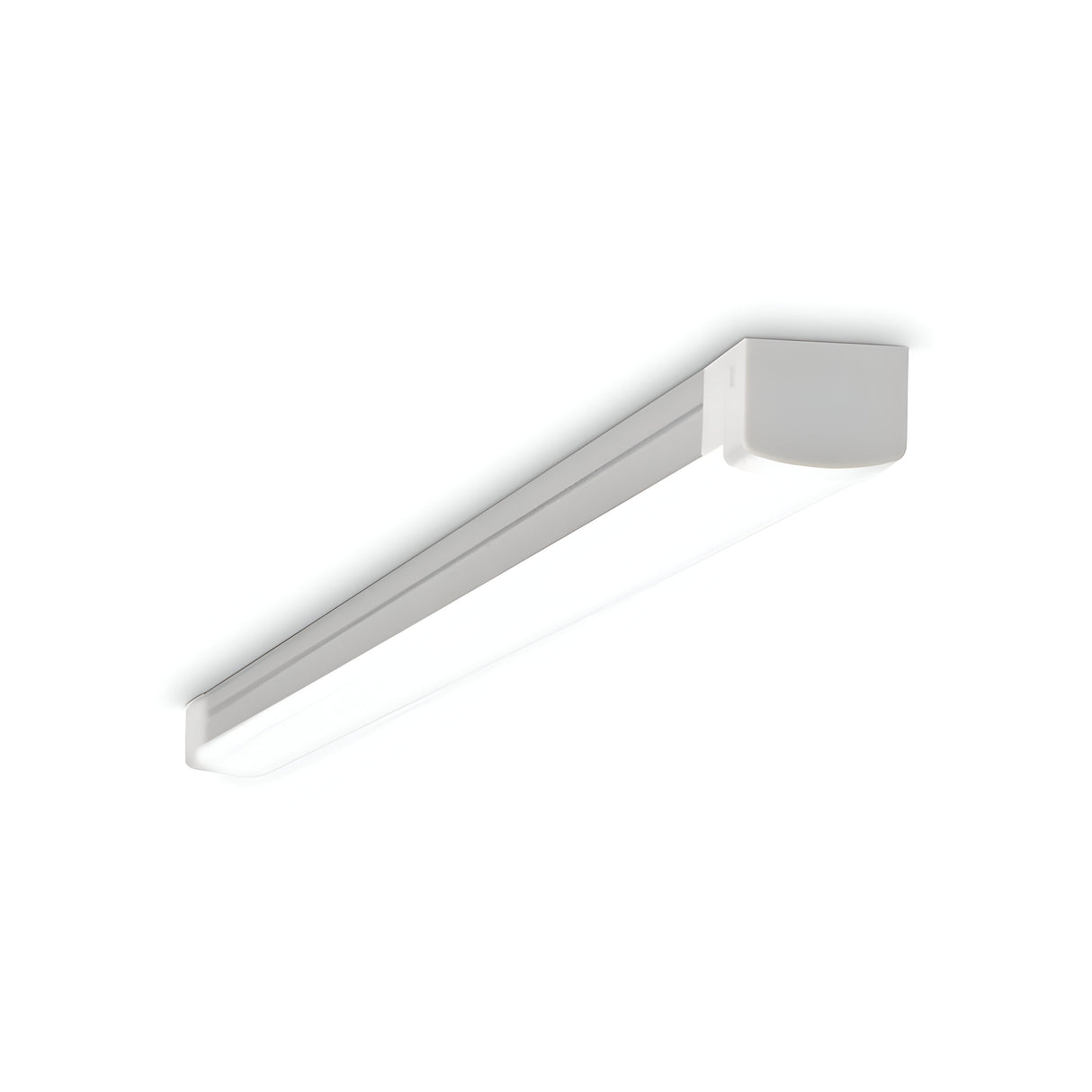 A white, rectangular Nocturne LED Ceiling & Wall Light 3.5W 3000K - White, 26cm is mounted on the ceiling, providing a bright and even glow. This fixture showcases a simple, modern design with a smooth surface and rounded corners, making it ideal for integrating with modular profiles in any space.