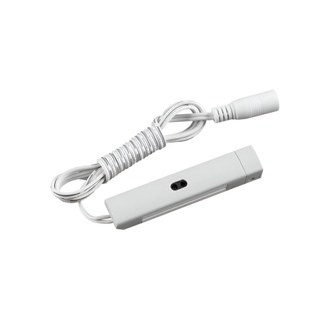 A coiled white cable is connected to the refined Nocturne Sensor Switch for Input Power Cord, featuring a small black button at its center. The cable concludes with a round plug, indicating its purpose for electronic applications such as energy conservation or lighting control in home automation systems.