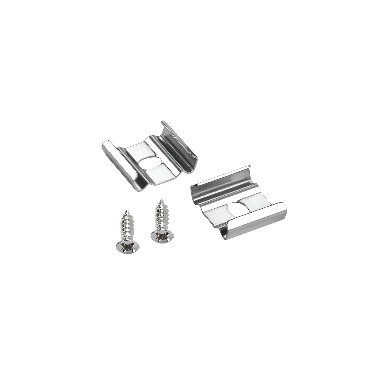 The Nocturne Metal Mounting Clips with Screws are showcased on a plain white background, featuring two robust metal clips with a reflective silver finish and a central hole for mounting. Accompanying these clips are two small screws, precisely designed to fit the clips, making them ideal for lighting installation purposes.