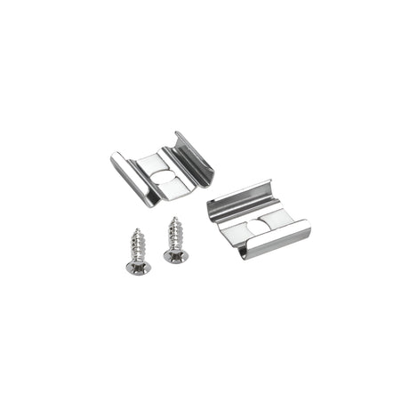 The Nocturne Metal Mounting Clips with Screws are showcased on a plain white background, featuring two robust metal clips with a reflective silver finish and a central hole for mounting. Accompanying these clips are two small screws, precisely designed to fit the clips, making them ideal for lighting installation purposes.