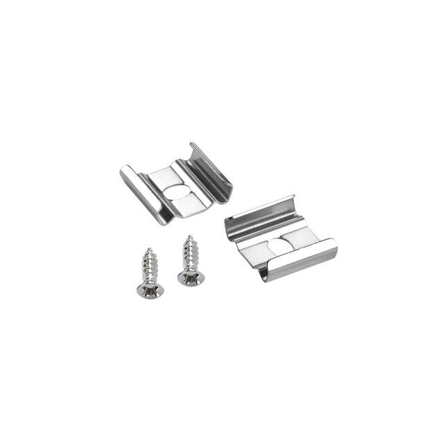 The Nocturne Metal Mounting Clips with Screws are showcased on a plain white background, featuring two robust metal clips with a reflective silver finish and a central hole for mounting. Accompanying these clips are two small screws, precisely designed to fit the clips, making them ideal for lighting installation purposes.