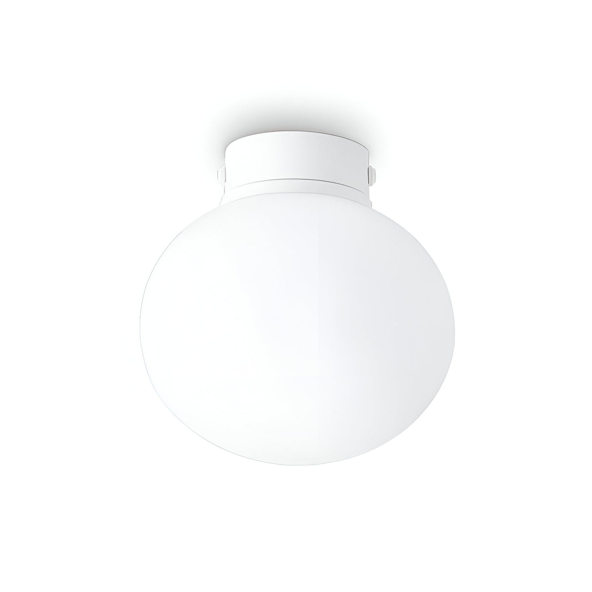 The Phosra 1 Light Flush - White, 30cm model is a minimalist ceiling-mounted round light fixture with a sleek matte finish and a white powder coating. Its spherical design attaches directly to the ceiling, blending effortlessly into any environment.