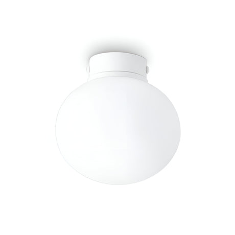 The Phosra 1 Light Flush - White, 30cm model is a minimalist ceiling-mounted round light fixture with a sleek matte finish and a white powder coating. Its spherical design attaches directly to the ceiling, blending effortlessly into any environment.