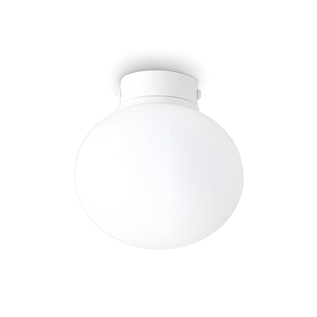 The Phosra 1 Light Flush - White, 30cm model is a minimalist ceiling-mounted round light fixture with a sleek matte finish and a white powder coating. Its spherical design attaches directly to the ceiling, blending effortlessly into any environment.