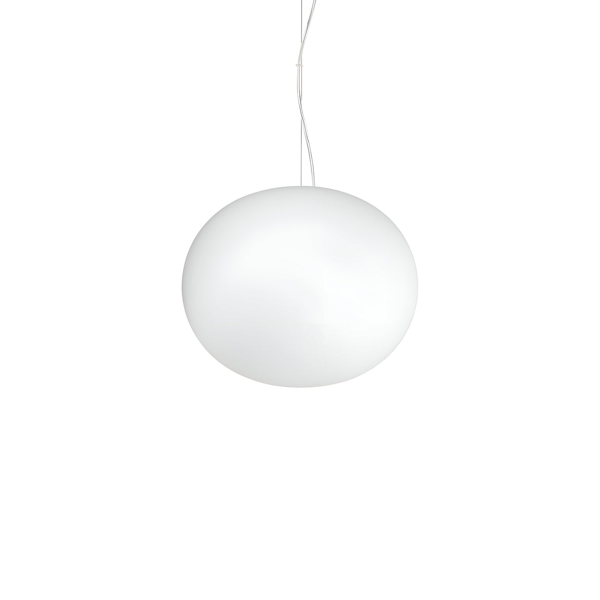 The Phosra 1 Light Pendant - White, 30cm, features a modern design and hangs gracefully from the ceiling suspended by a slender cord. Its sleek, rounded form offers a smooth spherical elegance while casting an ambient glow against its pristine backdrop.