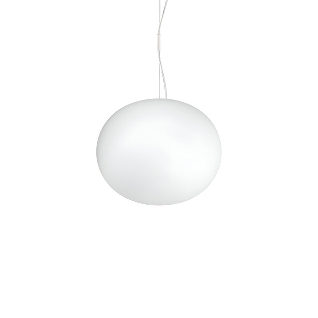The Phosra 1 Light Pendant - White, 30cm, features a modern design and hangs gracefully from the ceiling suspended by a slender cord. Its sleek, rounded form offers a smooth spherical elegance while casting an ambient glow against its pristine backdrop.