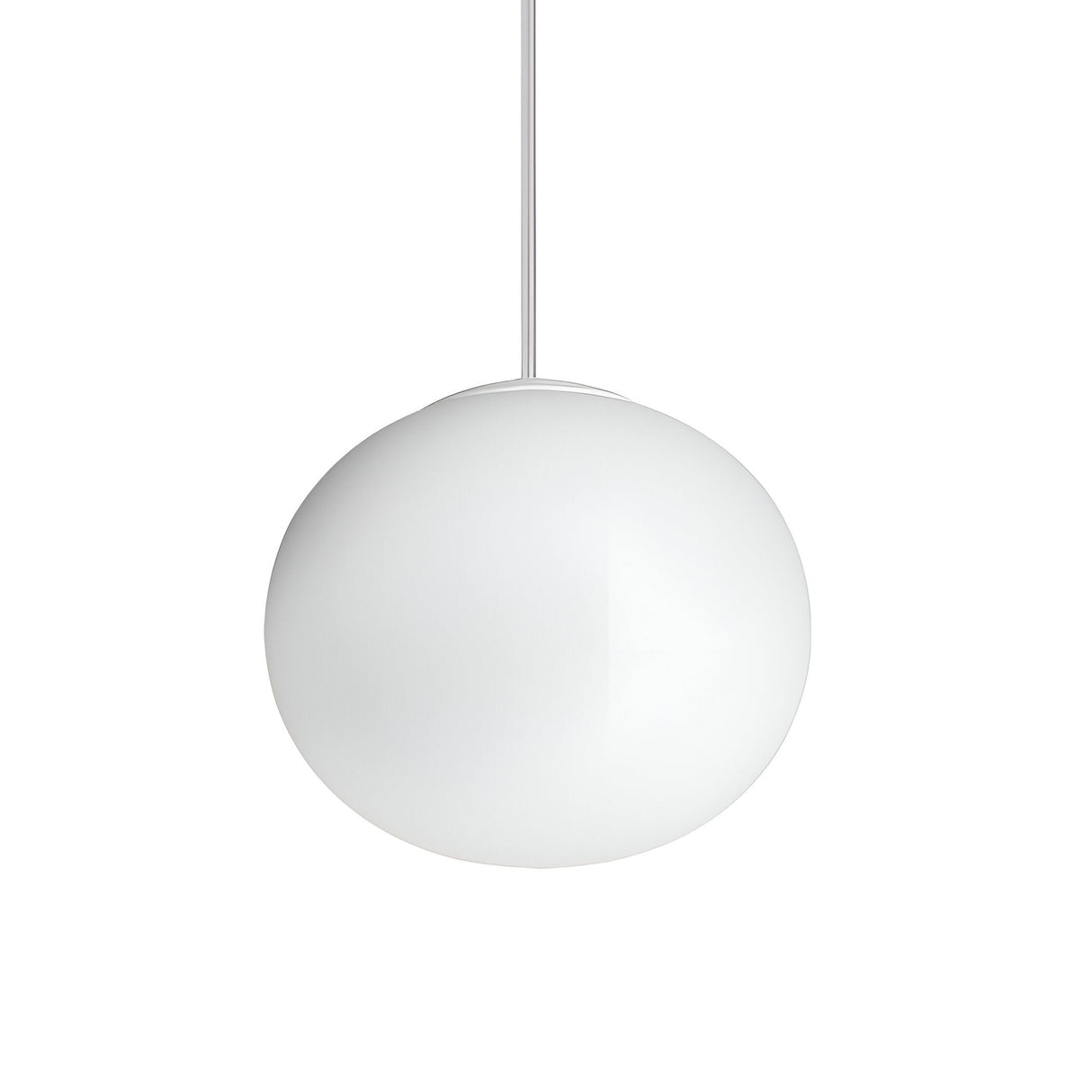 The Phosra 1 Light Pendant - White, 13cm is a sleek spherical fixture with a polished white exterior. It subtly dangles from a slender black cord set against a minimalist white background, perfectly embodying the spirit of modern lighting design.