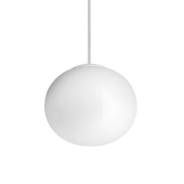 The Phosra 1 Light Pendant - White, 13cm is a sleek spherical fixture with a polished white exterior. It subtly dangles from a slender black cord set against a minimalist white background, perfectly embodying the spirit of modern lighting design.