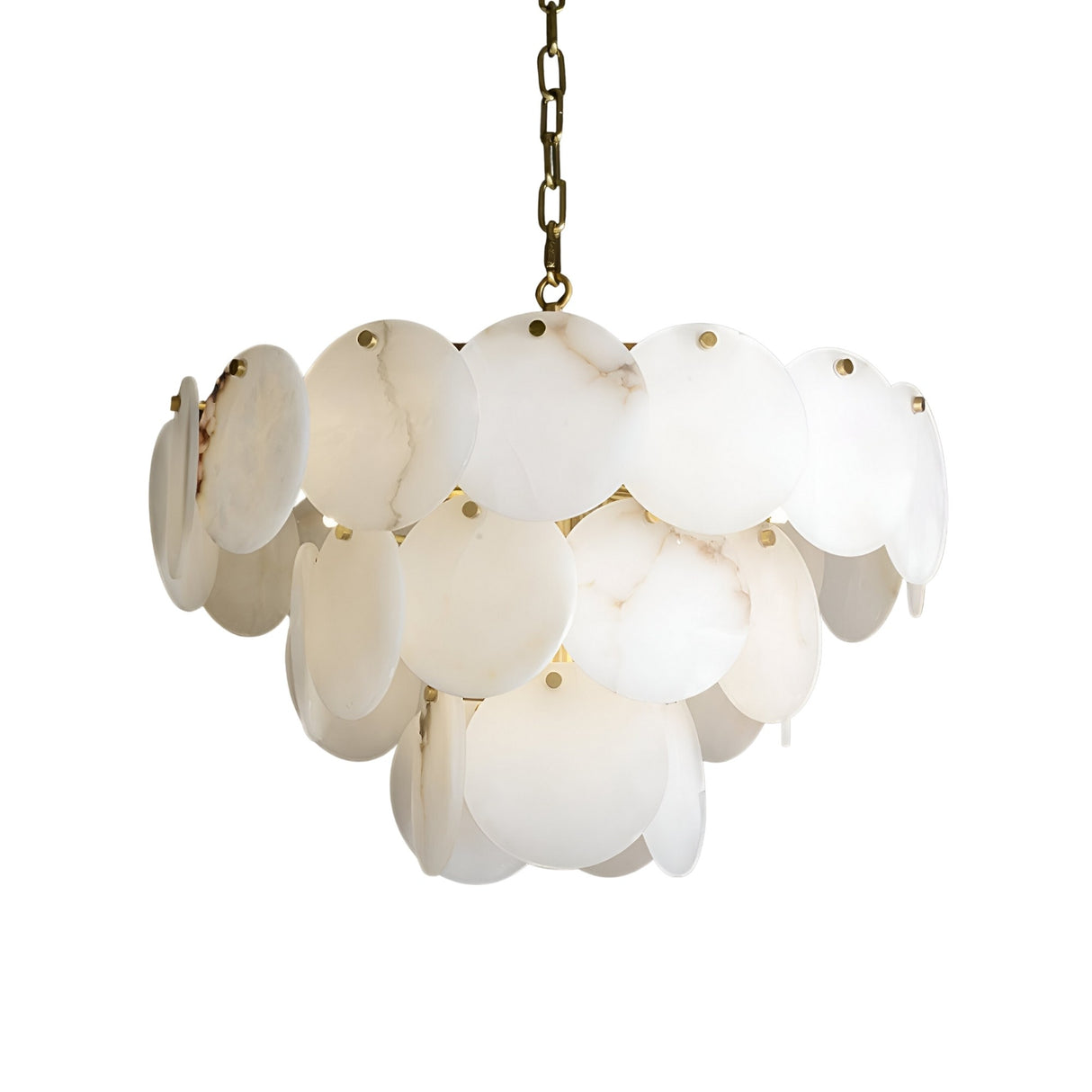 The Solyra 15 Light 3 Tier Petal Alabaster Chandelier – Soft White features layered, overlapping white alabaster discs suspended from a brass chain, creating a soft, elegant look.