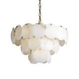 The Solyra 15 Light 3 Tier Petal Alabaster Chandelier – Soft White features layered, overlapping white alabaster discs suspended from a brass chain, creating a soft, elegant look.