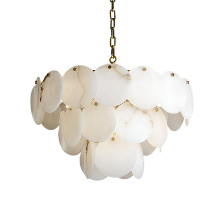 The Solyra 15 Light 3 Tier Petal Alabaster Chandelier – Soft White features layered, overlapping white alabaster discs suspended from a brass chain, creating a soft, elegant look.