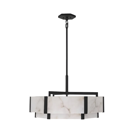 The Albyso LED Twin Drop Alabaster Chandelier features a matte black central rod and frame with a circular soft white alabaster-style shade, subtle gray veining, and hangs from a short chain and ceiling mount for a modern look.