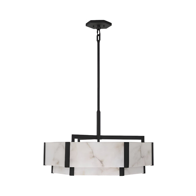 The Albyso LED Twin Drop Alabaster Chandelier features a matte black central rod and frame with a circular soft white alabaster-style shade, subtle gray veining, and hangs from a short chain and ceiling mount for a modern look.