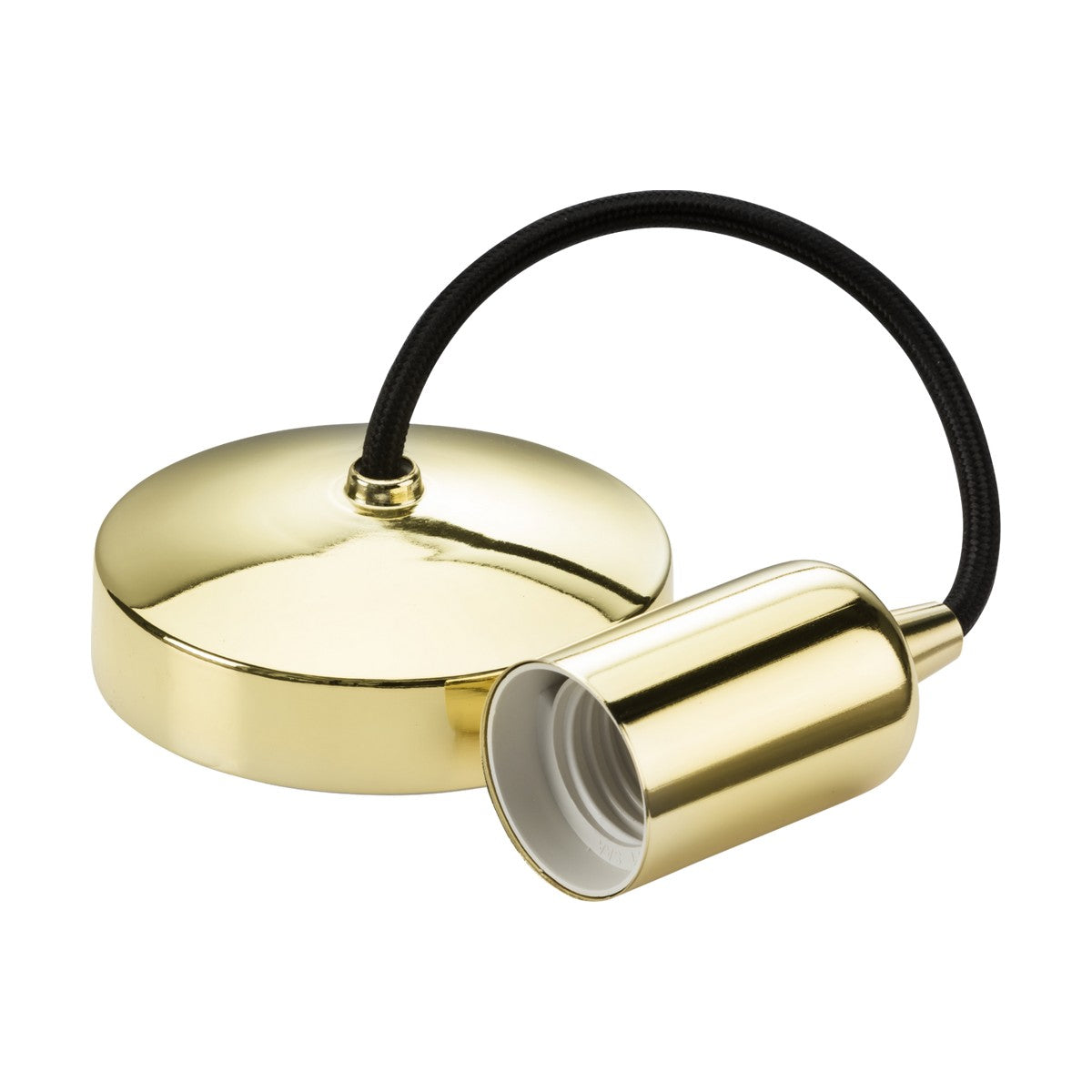 The 6" ES Contemporary Pendant Set in polished brass features a sleek E27 lamp base with a cylindrical bulb socket, connected by a black cord to a round ceiling mount. The slightly angled socket offers an elegant, modern appearance.