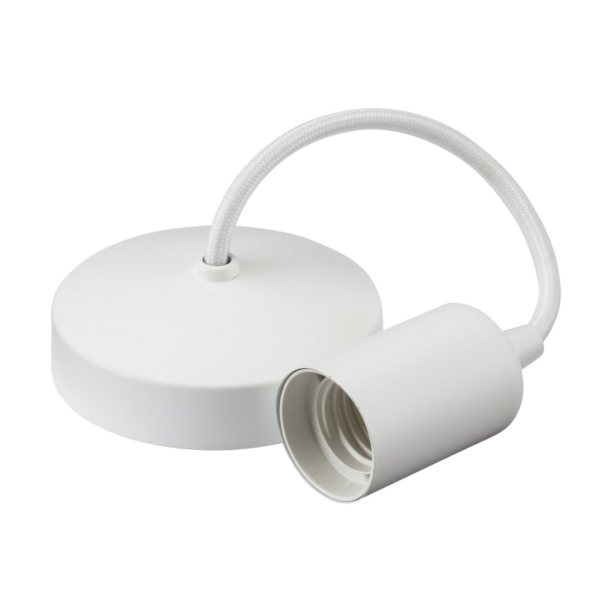 The 6" ES Contemporary Pendant Set - Matt White showcases a sleek metal design with a matt white finish. It features a cylindrical socket and an E27 lamp base, elegantly suspended by a flexible white cord from its round ceiling mount.