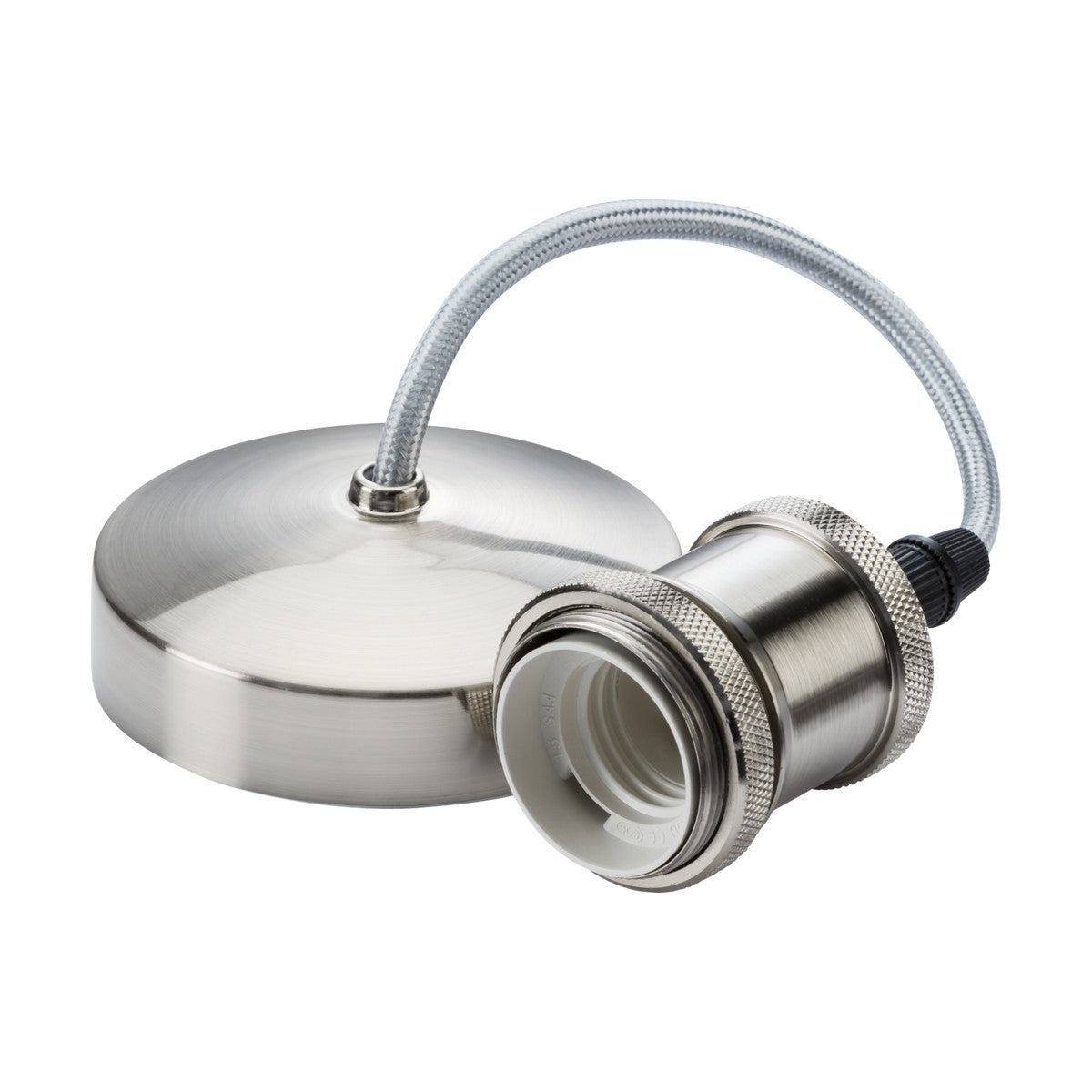 The 6" ES Vintage Pendant Set - Brushed Chrome features a round base and braided cord with a silver-toned, brushed chrome finish. Its textured surface, reminiscent of brushed nickel, seamlessly connects the base to an E27 lamp holder with a cylindrical light socket.