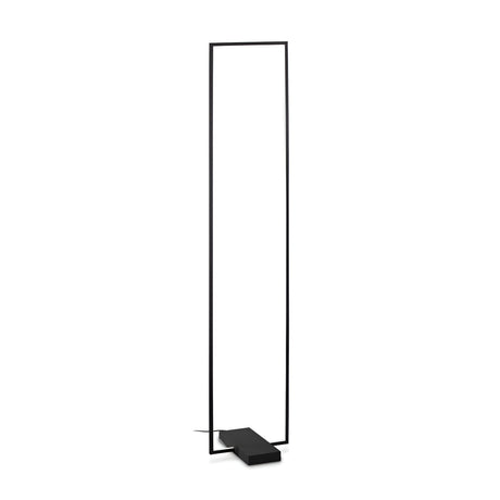 The Prios LED Floor Lamp 30W 3000K - Black features a minimalist design with a rectangular open-frame and a flat base. Its simple, sleek structure adds an artistic flair to any modern living space.