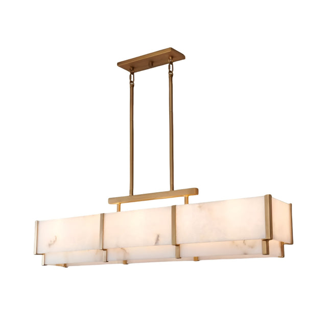 The Albyso LED Linear Alabaster Chandelier features a modern rectangular design with frosted soft white glass panels and a brushed brass frame, suspended from two matching rods and ceiling mount.