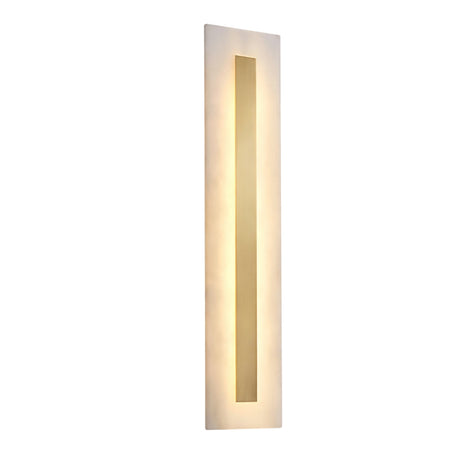The Averra LED Extra Large Rectangle Alabaster Wall Light in Soft White & Brass features a tall frosted surface with a central illuminated strip, casting a warm yellow glow for an inviting ambiance.