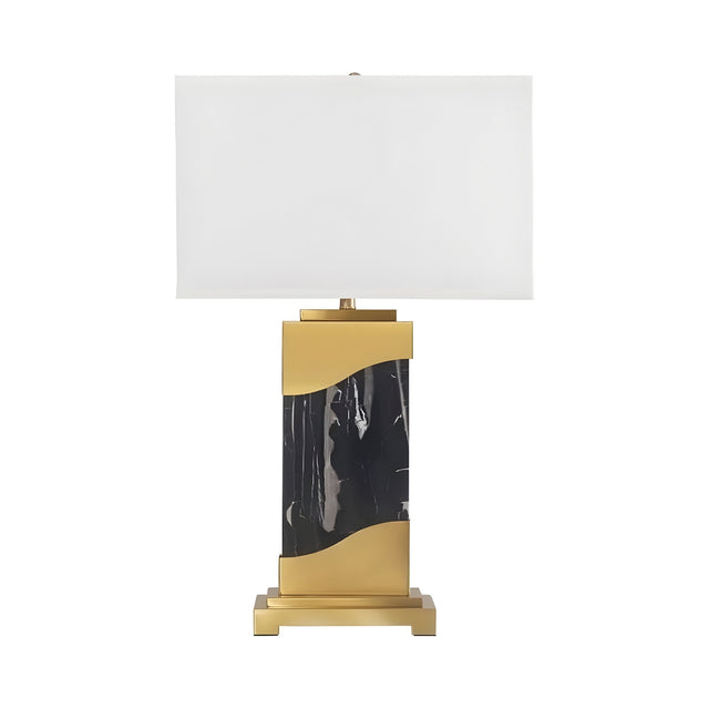 The Torvani 1 Light Statement Marble Table Lamp in brass and black features a rectangular white shade, a gold-accented black marble base, and a square gold platform—an elegant choice for any contemporary space.