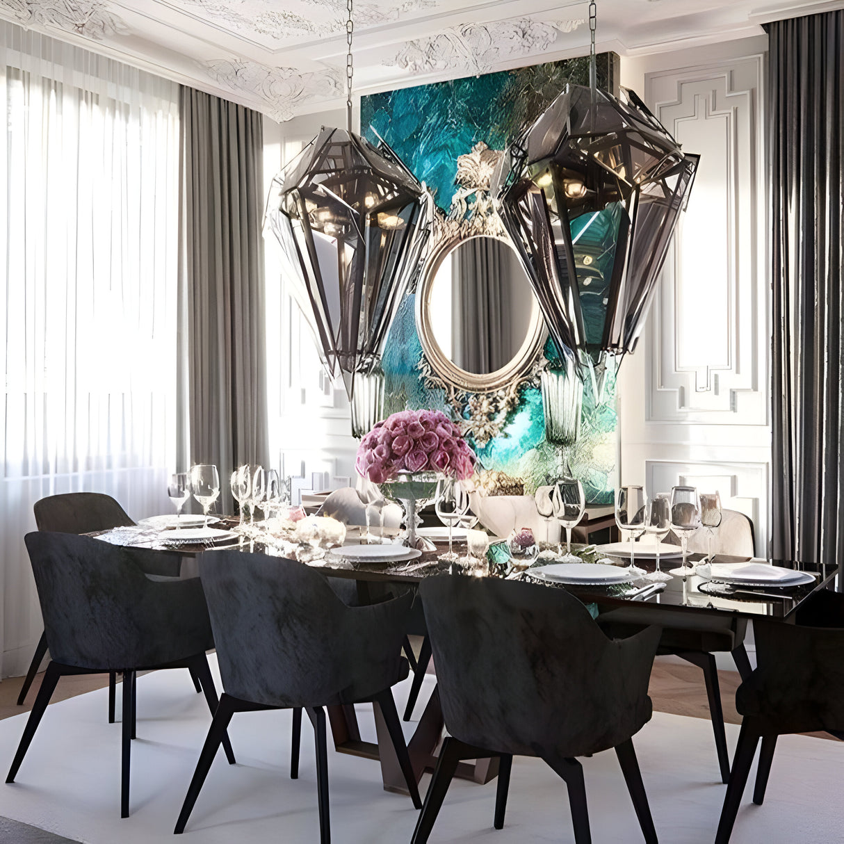 A luxurious dining room boasts a dark wooden table set for eight, adorned with elegant tableware. Two Shard 8 Light Smoked Glass Suspension Lights in black hang above as statement pieces. A bouquet of pink roses is centered on the table, complemented by an ornate mirror and teal artwork on the wall.