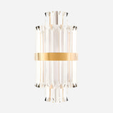 Presenting the Liberty 2 Light Crystal Glass Wall Light - Gold, a contemporary wall sconce highlighting crystal glass panels arranged vertically with a prominent central gold band. Its sleek and elegant design in radiant gold finish creates a stunning contrast against a plain white backdrop.