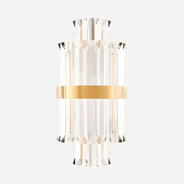 Presenting the Liberty 2 Light Crystal Glass Wall Light - Gold, a contemporary wall sconce highlighting crystal glass panels arranged vertically with a prominent central gold band. Its sleek and elegant design in radiant gold finish creates a stunning contrast against a plain white backdrop.