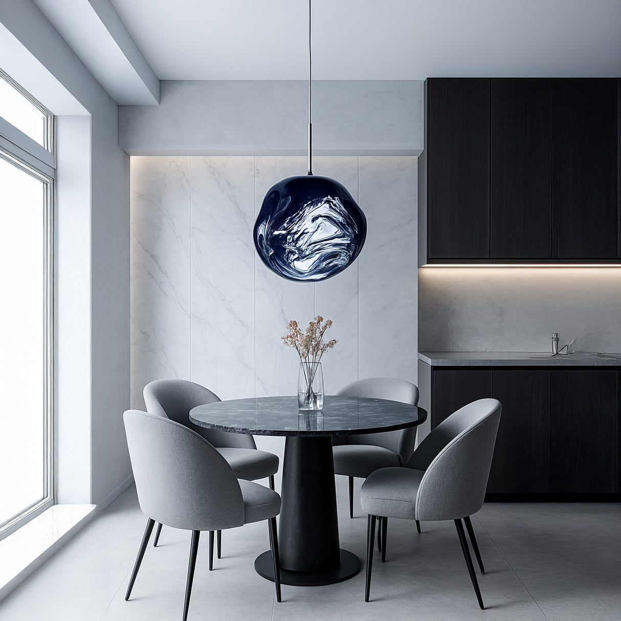 A modern dining area with a round black table, four gray upholstered chairs, the Lava Medium LED Pendant Light - Smoked for energy-efficient lighting, minimalist dark cabinets, and a large window allowing natural light.