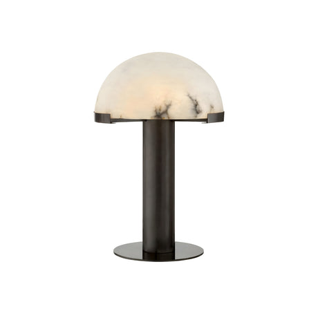 The Noctelis 1 Light Dome Alabaster Table Lamp features a soft white marble-patterned shade and a black cylindrical base, inspired by Spanish alabaster, shown against a plain white background.