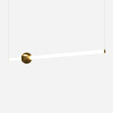 The Sottile LED Combination Suspension Light - Gold boasts a sleek, modern design with its horizontal white tube softly illuminated from within, reflecting an essence of minimalism. Suspended by thin wires, this fixture is highlighted by a central gold accent set against a light gray backdrop, exuding contemporary luxury.