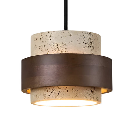 The Virelli LED Drum Travertine Single Pendant Light features a cylindrical light beige travertine shade with a walnut brown band, suspended by a black cord and illuminated from within.