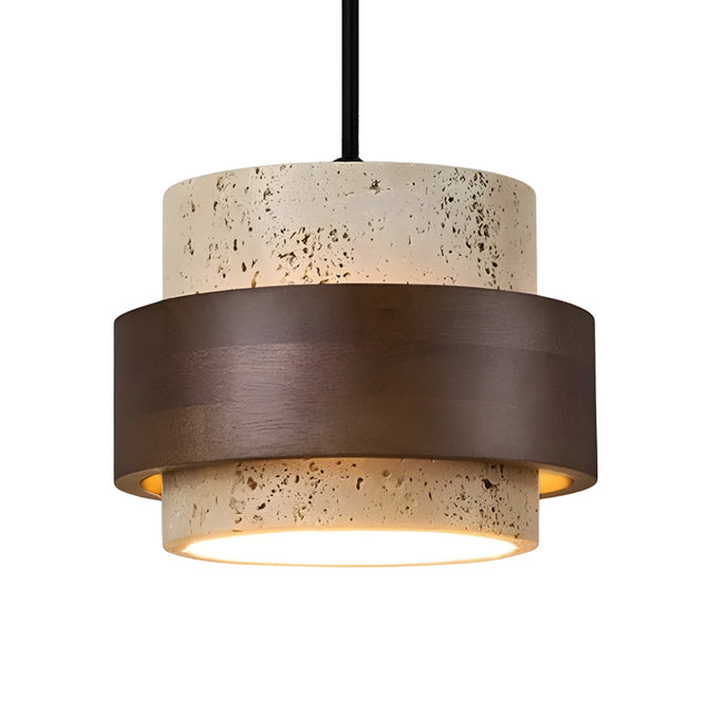 The Virelli LED Drum Travertine Single Pendant Light features a cylindrical light beige travertine shade with a walnut brown band, suspended by a black cord and illuminated from within.