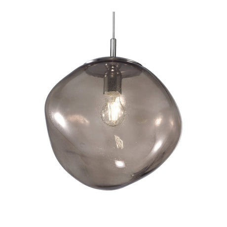 Saxa 15cm Glass Pendant Light with a single organic, pebble-shaped smoked glass shade, chrome fitting, and exposed bulb, shown on a plain white background.