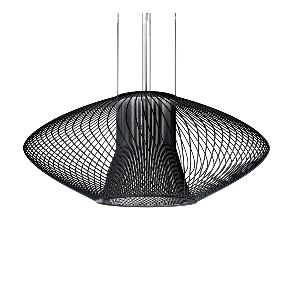 Impossible Oval Pendant Light in 85cm, a flattened lens-shaped woven metal shade in black with a single-light fitting, hung on multiple rods against a plain white background.