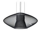 Impossible Oval Pendant Light in 85cm, a flattened lens-shaped woven metal shade in black with a single-light fitting, hung on multiple rods against a plain white background.