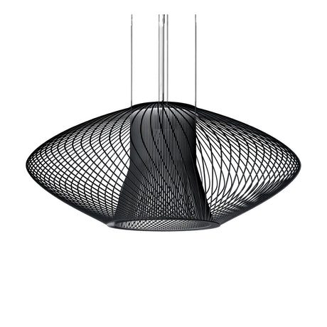 Impossible Oval Pendant Light in 85cm, a flattened lens-shaped woven metal shade in black with a single-light fitting, hung on multiple rods against a plain white background.
