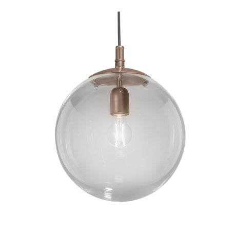 Global Globe Pendant Light 45cm with a clear acrylic spherical shade and bronze-finish ceiling mount, exposed bulb inside, on a plain white background.