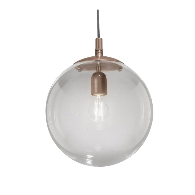 Global Globe Pendant Light 45cm with a clear acrylic spherical shade and bronze-finish ceiling mount, exposed bulb inside, on a plain white background.