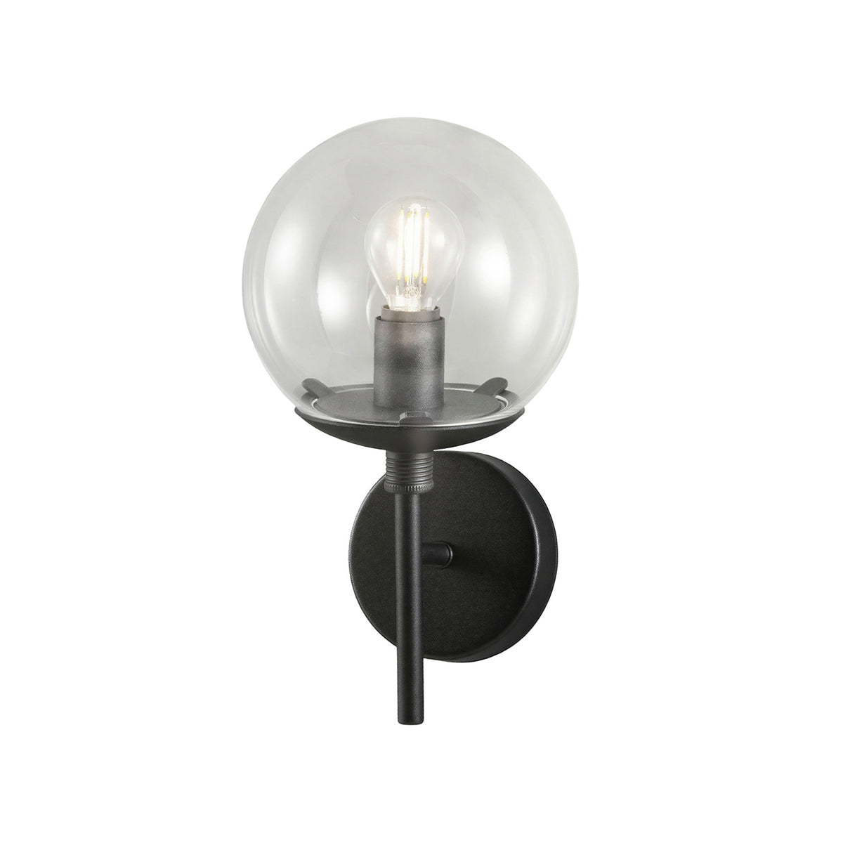 Global 1 Light Wall Light 15cm with clear round glass globe shade, exposed bulb, and black metal stem and backplate on a plain white background.