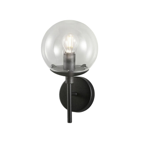 Global 1 Light Wall Light 15cm with clear round glass globe shade, exposed bulb, and black metal stem and backplate on a plain white background.